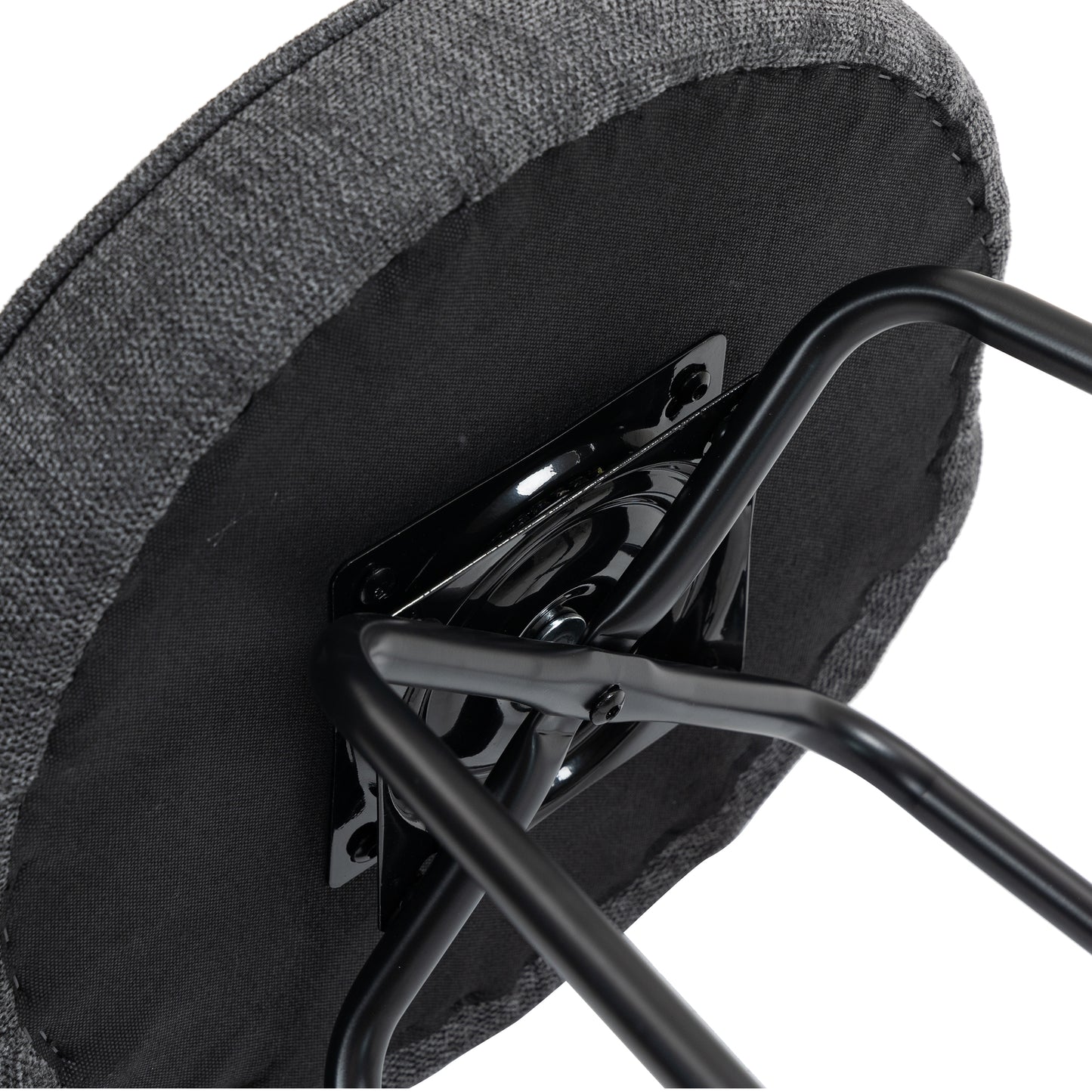 Charcoal upholstered swivel bar stool with black metal legs.