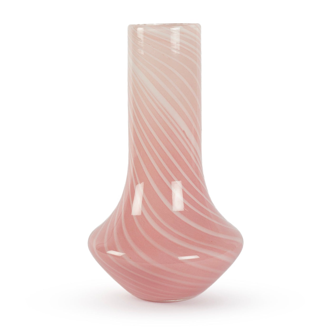 The Aara is a contemporary pink and white swirl glass vase with a curved elegant form, 28cm tall. Soft and refined. Shop pink vases.