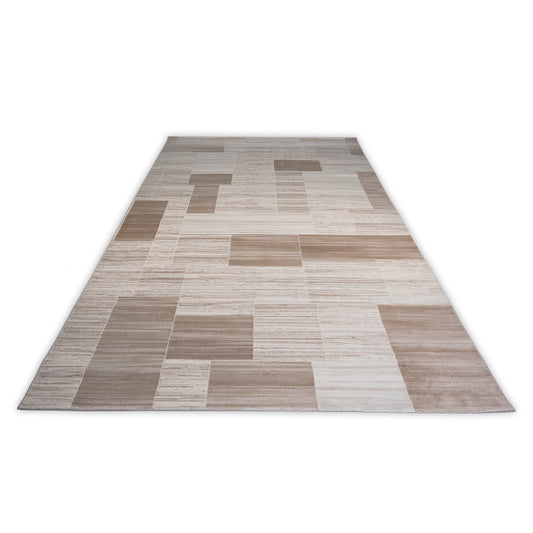 Rectangular rug with a pattern of brown and beige squares on a white background