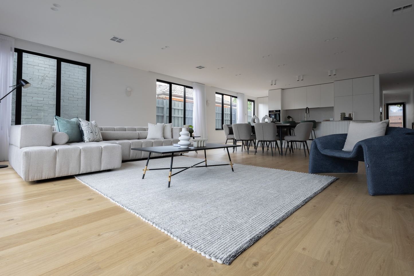 Modern interior design and furniture at kitchen and dining area
