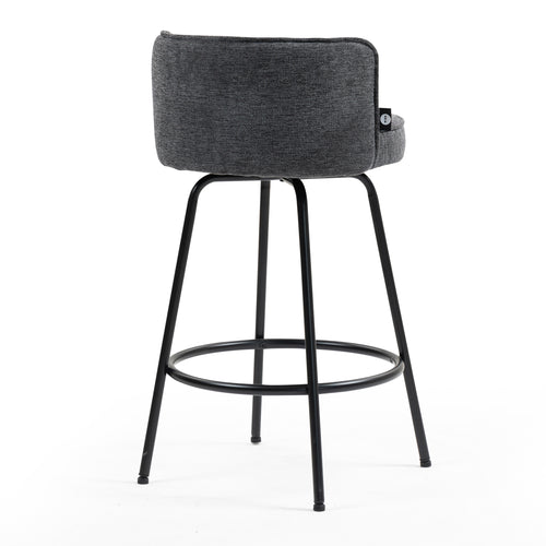 Charcoal upholstered swivel bar stool with black metal legs.