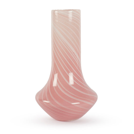 The Aara is a contemporary pink and white swirl glass vase with a curved elegant form, 28cm tall. Soft and refined. Shop pink vases.