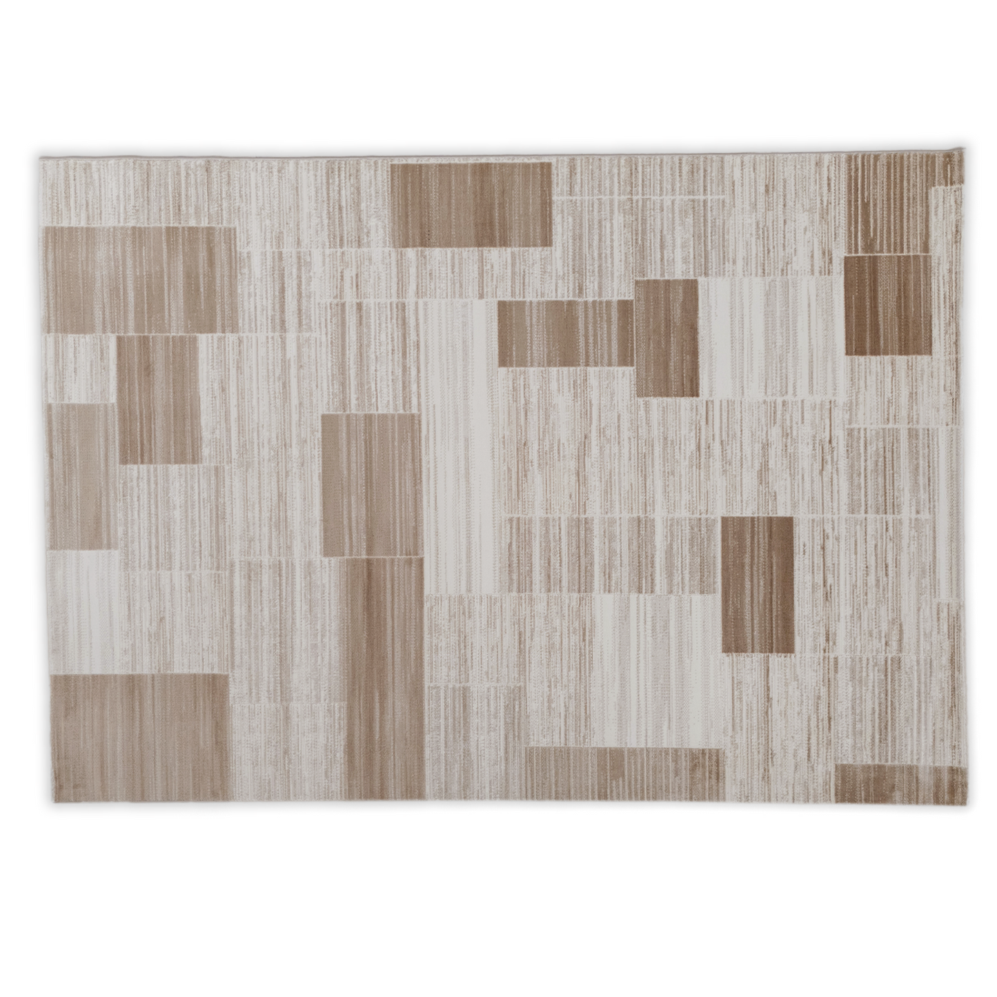 Rectangular rug with a geometric pattern of brown and beige squares on a white background