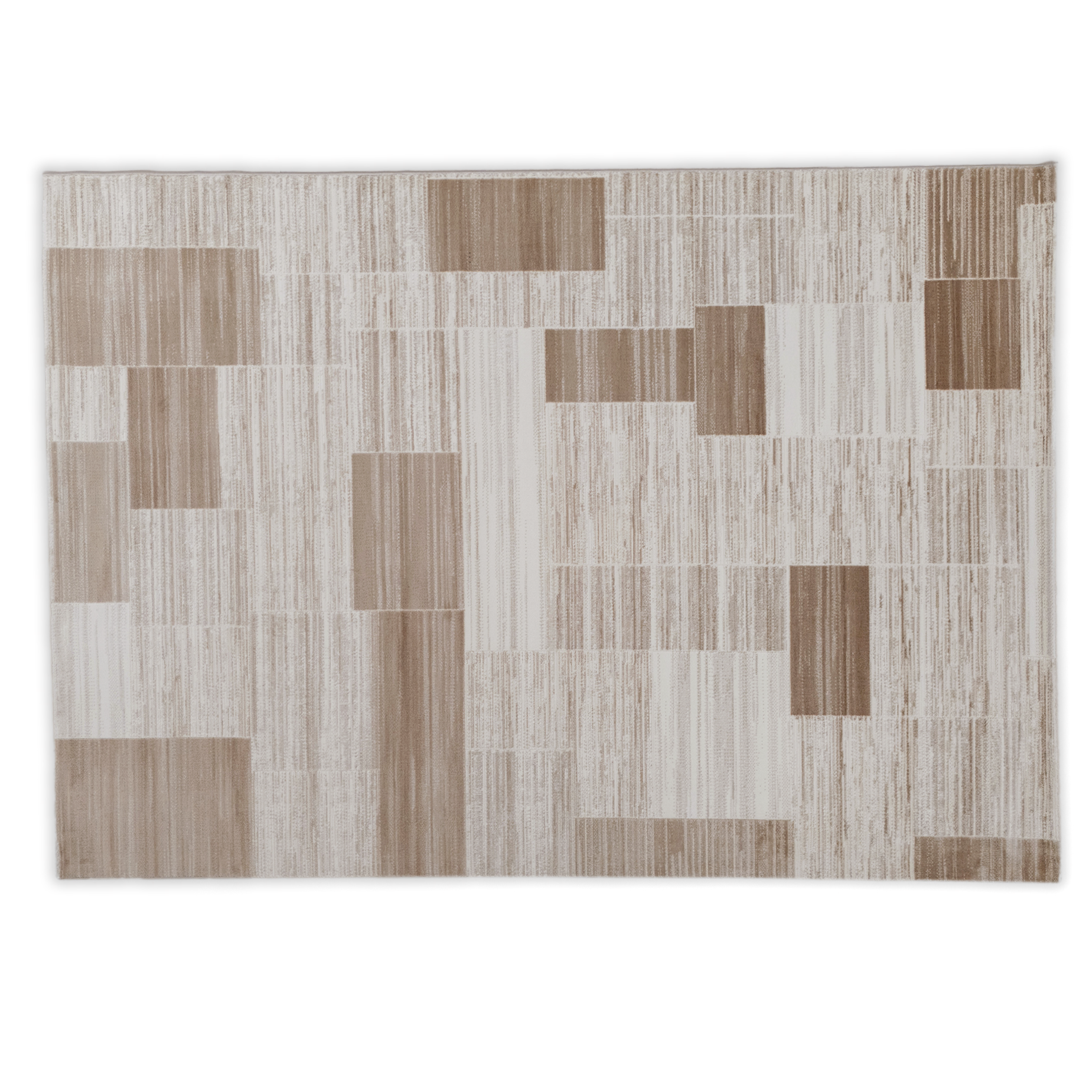 Rectangular rug with a geometric pattern of brown and beige squares on a white background