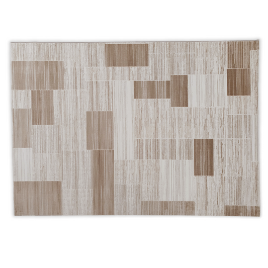 Rectangular rug with a geometric pattern of brown and beige squares on a white background