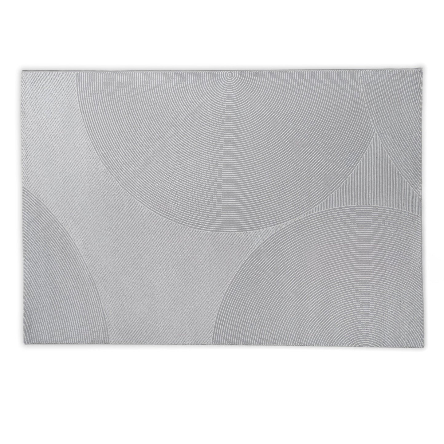 Rectangular grey rug with circular patterns on a light grey background