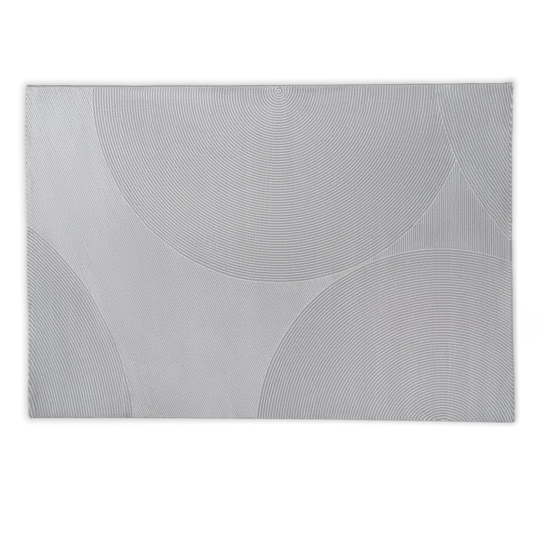 Rectangular grey rug with circular patterns on a light grey background