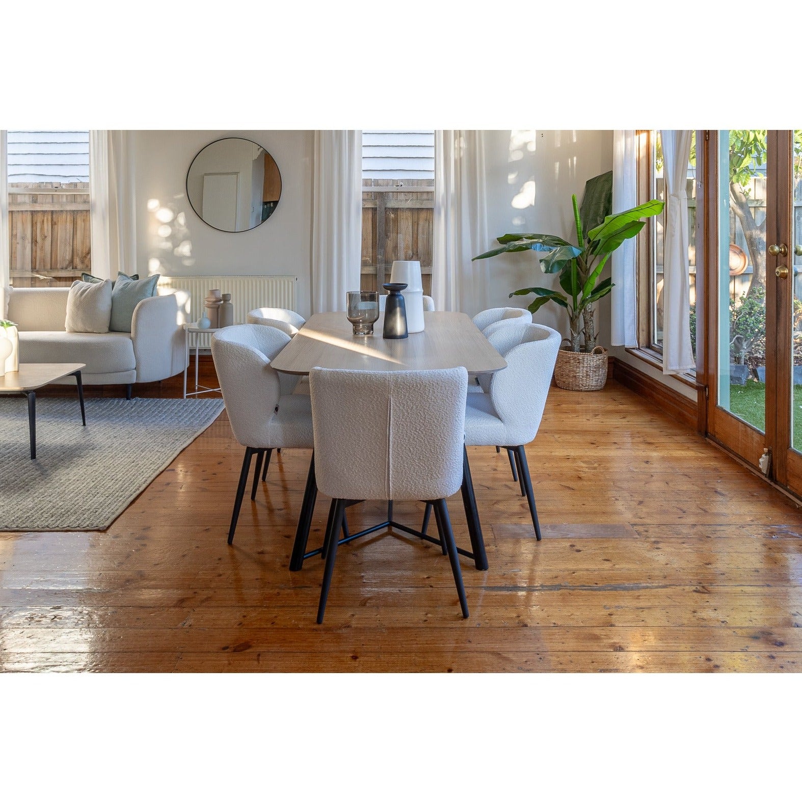 Bright dining area with clean lines and texture
