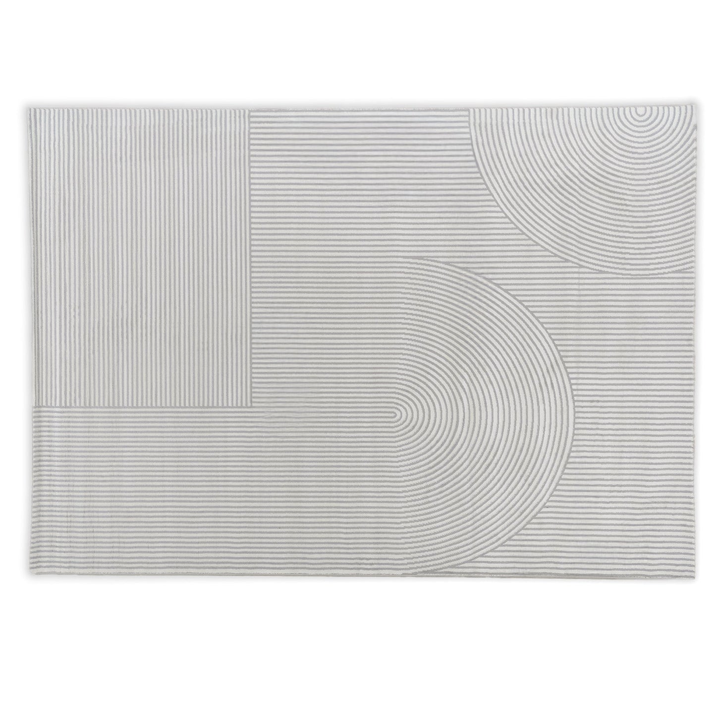 Rectangular grey and cream rug with circular patterns