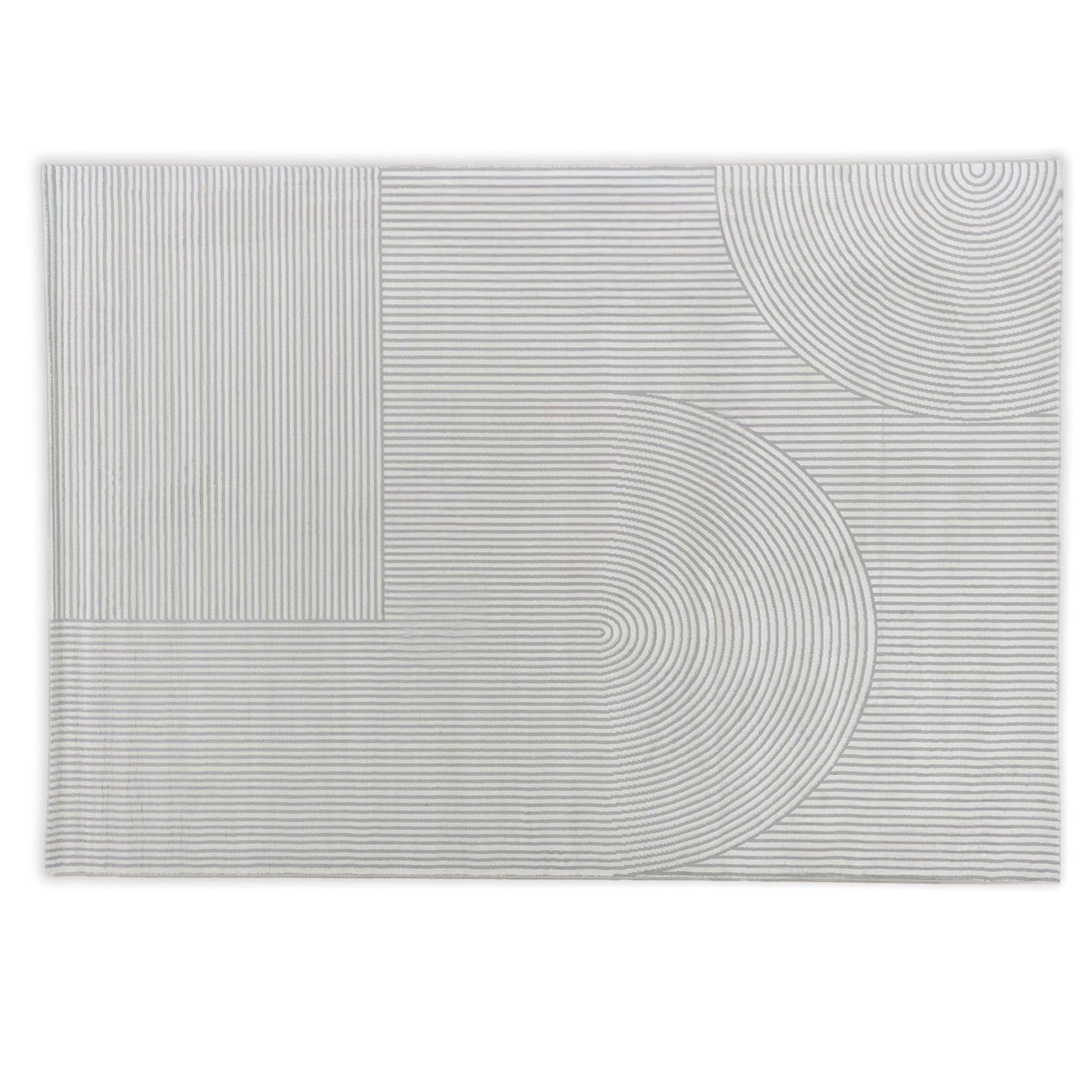 Rectangular grey and cream rug with circular patterns