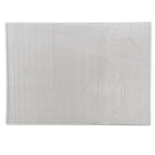 Rectangular grey and cream rug with circular patterns
