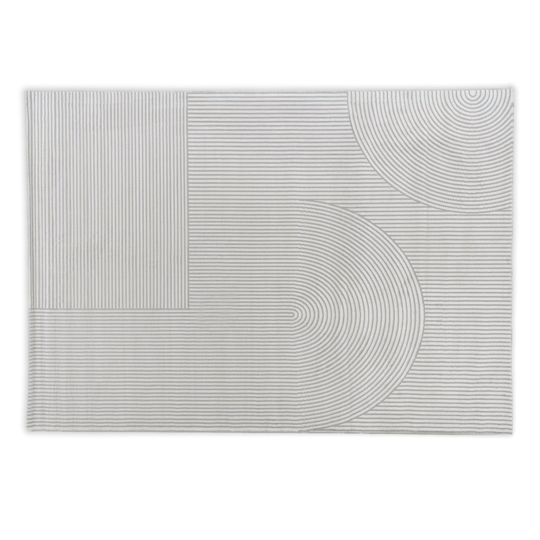 Rectangular grey and cream rug with circular patterns
