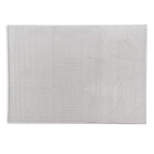 Rectangular grey and cream rug with circular patterns