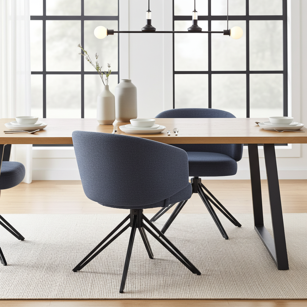 Upholstered swivel dining chair with curved backrest and metal legs.