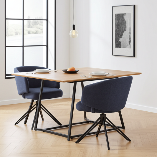 Two upholstered swivel dining chair with curved backrest and metal legs against a table.