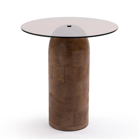 Round glass and wood side table